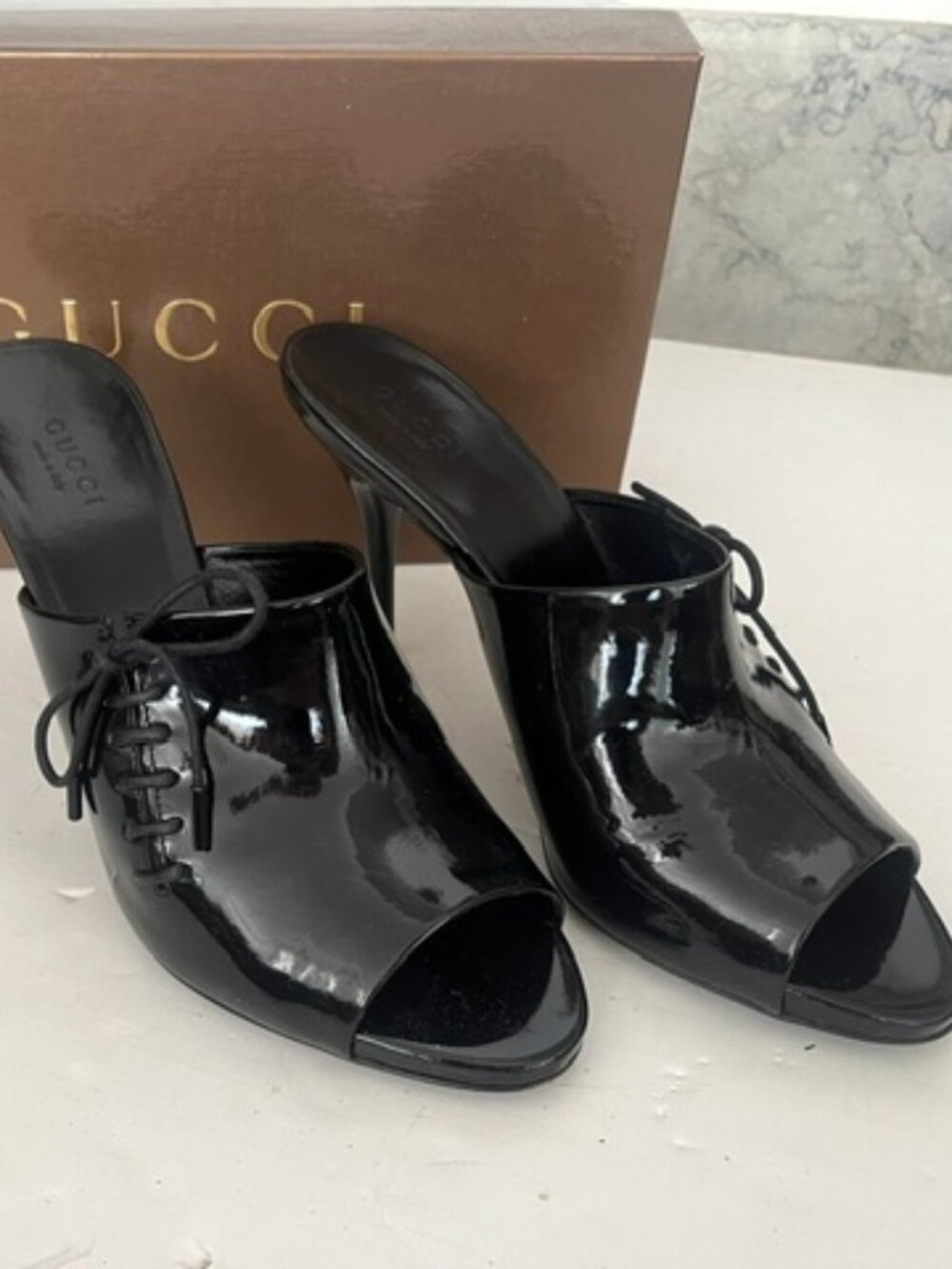 Gucci Black Patent Leather Lace-Up Mule Sandals Heels Open Toe